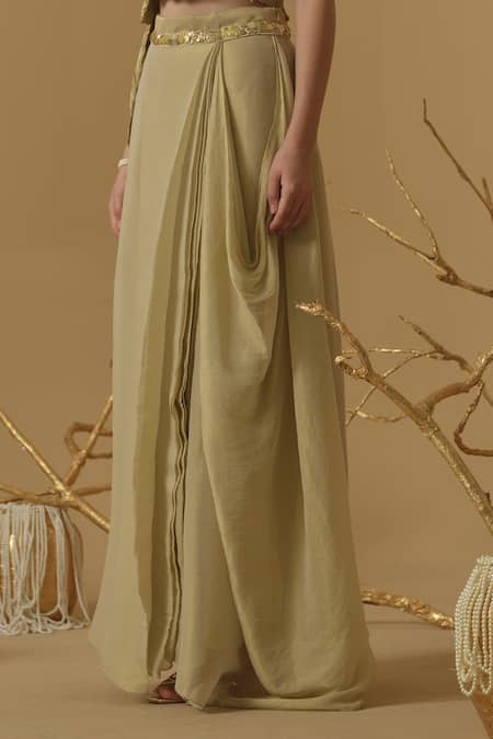 Abstract By Megha Jain Madaan_Gold Georgette, Tissue Sequins Draped Skirt _at_Aza_Fashions