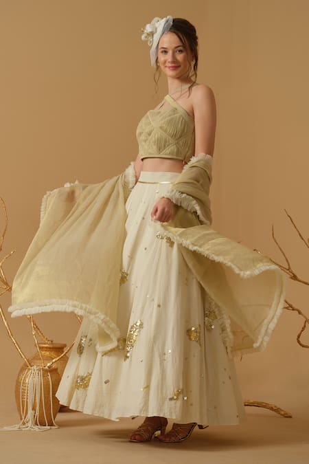 Buy_Abstract By Megha Jain Madaan_Ivory Handloom Cotton Sequins Embellished Skirt _Online_at_Aza_Fashions