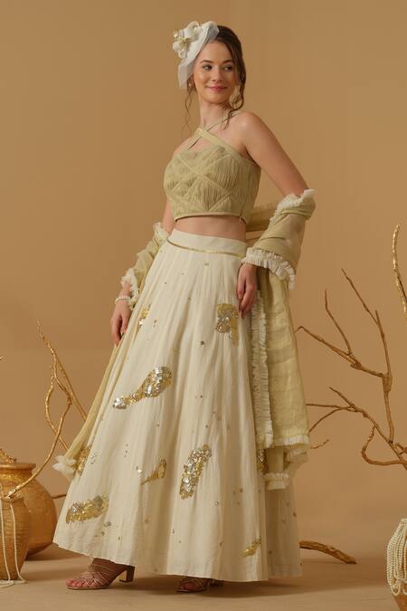Buy_Abstract By Megha Jain Madaan_Ivory Handloom Cotton Sequins Embellished Skirt 