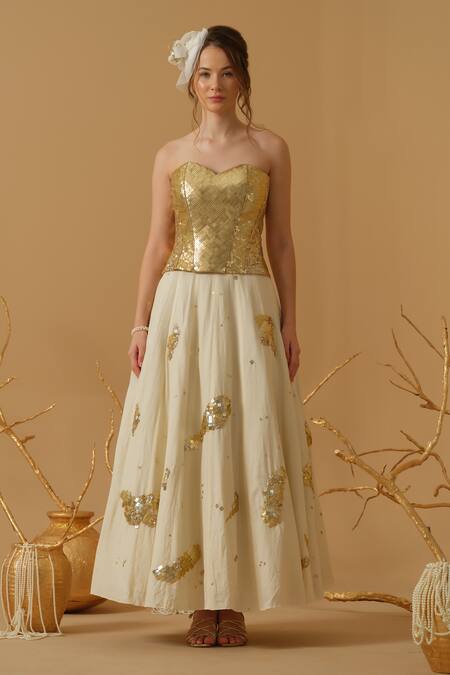 Abstract By Megha Jain Madaan_Gold Cotton Sequins Sweetheart Neck Embellished Corset _at_Aza_Fashions