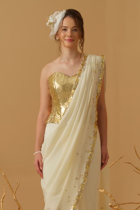 Abstract By Megha Jain Madaan_Ivory Silk, Crepe, Jersey Sequins Embellished Border Pre-draped Saree _Online_at_Aza_Fashions