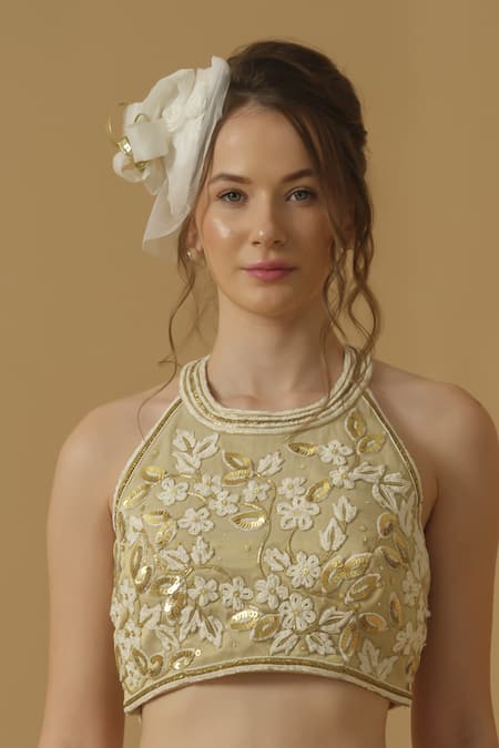 Abstract By Megha Jain Madaan Ivory Georgette, Tissue Embroidery, Sequins, Beads Halter Neck Top 