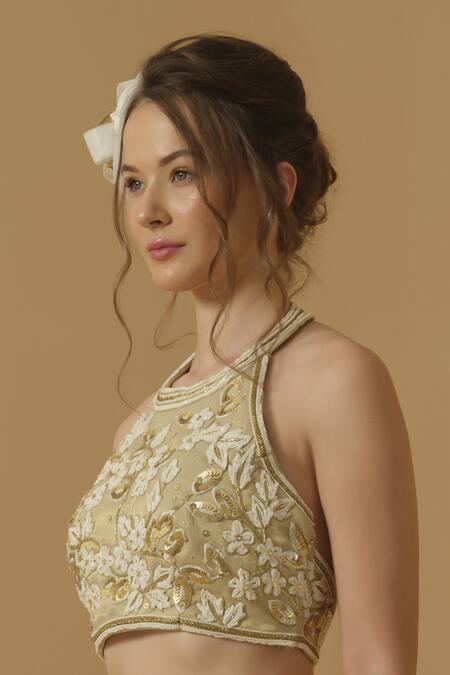 Abstract By Megha Jain Madaan_Ivory Georgette, Tissue Embroidery, Sequins, Beads Halter Neck Top _Online_at_Aza_Fashions