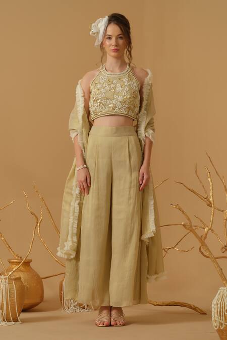 Abstract By Megha Jain Madaan_Ivory Georgette, Tissue Embroidery, Sequins, Beads Halter Neck Top _at_Aza_Fashions