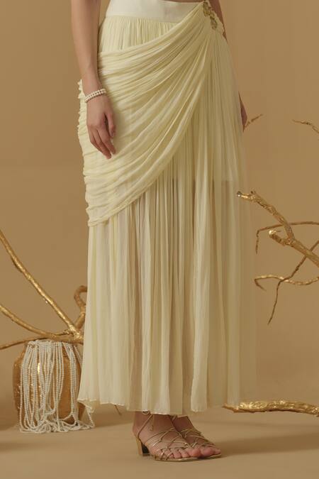 Abstract By Megha Jain Madaan_Ivory Georgette, Jersey Applique, Sequins, Beads Accordion Draped Skirt _Online_at_Aza_Fashions