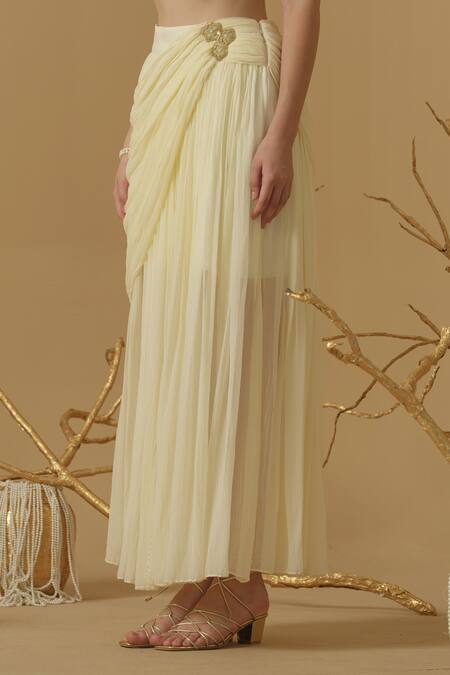 Buy_Abstract By Megha Jain Madaan_Ivory Georgette, Jersey Applique, Sequins, Beads Accordion Draped Skirt _Online_at_Aza_Fashions