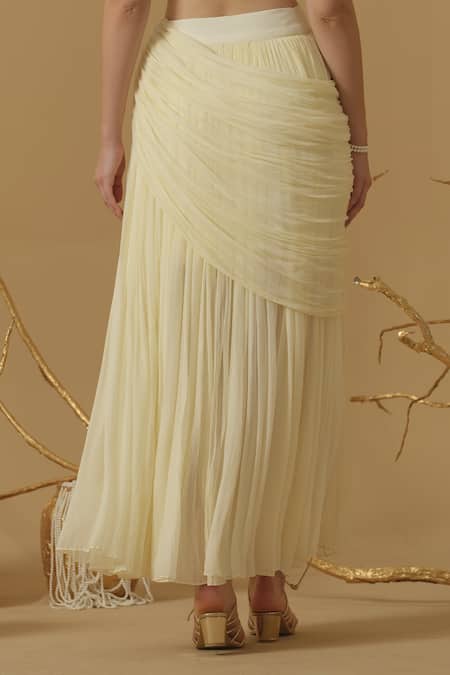 Shop_Abstract By Megha Jain Madaan_Ivory Georgette, Jersey Applique, Sequins, Beads Accordion Draped Skirt _Online_at_Aza_Fashions