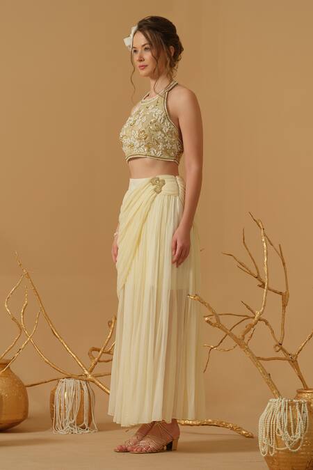 Abstract By Megha Jain Madaan_Ivory Georgette, Jersey Applique, Sequins, Beads Accordion Draped Skirt _at_Aza_Fashions