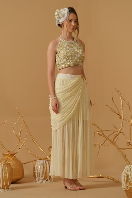 Abstract By Megha Jain Madaan Ivory Georgette, Jersey Applique, Sequins, Beads Accordion Draped Skirt 