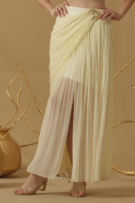 Buy_Abstract By Megha Jain Madaan_Ivory Georgette, Jersey Applique, Sequins, Beads Accordion Draped Skirt 