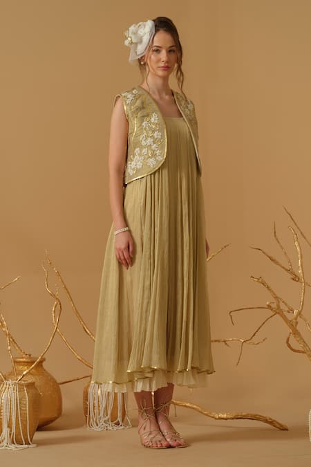 Abstract By Megha Jain Madaan_Gold Georgette, Tissue Embroidery, Sequins, Beads Open Neck Cropped Jacket _Online_at_Aza_Fashions