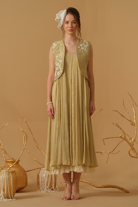 Buy_Abstract By Megha Jain Madaan_Gold Georgette, Tissue Embroidery, Sequins, Beads Open Neck Cropped Jacket _Online_at_Aza_Fashions