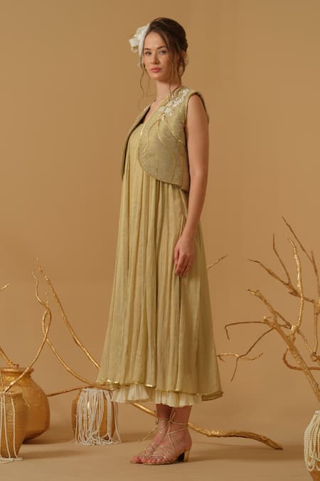 Shop_Abstract By Megha Jain Madaan_Gold Georgette, Tissue Embroidery, Sequins, Beads Open Neck Cropped Jacket _Online_at_Aza_Fashions