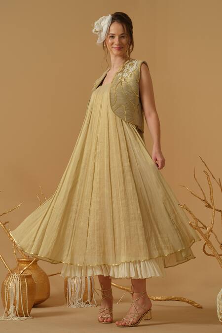 Buy_Abstract By Megha Jain Madaan_Gold Georgette, Tissue Embroidery, Sequins, Beads Open Neck Cropped Jacket 