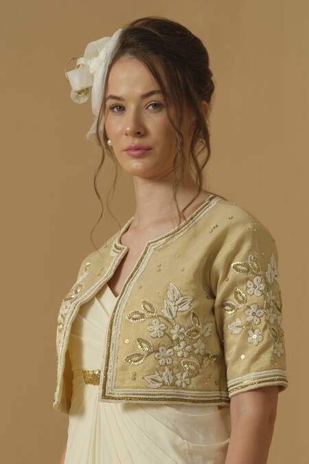 Abstract By Megha Jain Madaan_Gold Georgette, Tissue Embroidery, Sequins, Beads Open Neck Cropped Jacket _Online_at_Aza_Fashions