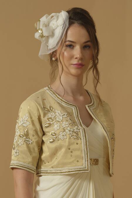 Buy_Abstract By Megha Jain Madaan_Gold Georgette, Tissue Embroidery, Sequins, Beads Open Neck Cropped Jacket _Online_at_Aza_Fashions
