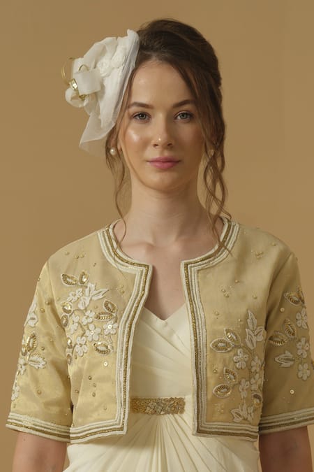 Abstract By Megha Jain Madaan Gold Georgette, Tissue Embroidery, Sequins, Beads Open Neck Cropped Jacket 