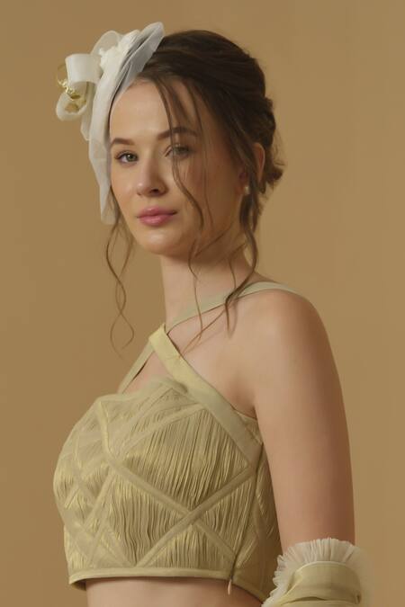 Abstract By Megha Jain Madaan_Gold Georgette, Tissue, Cotton Bandeau Neck Ruched Crop Top _Online_at_Aza_Fashions