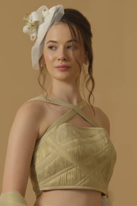 Buy_Abstract By Megha Jain Madaan_Gold Georgette, Tissue, Cotton Bandeau Neck Ruched Crop Top _Online_at_Aza_Fashions