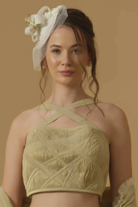 Abstract By Megha Jain Madaan Gold Georgette, Tissue, Cotton Bandeau Neck Ruched Crop Top 