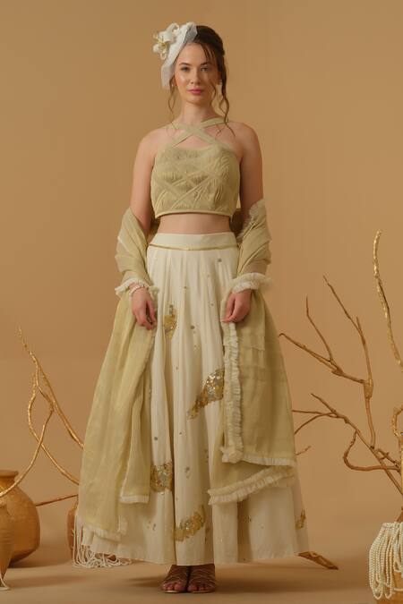 Shop_Abstract By Megha Jain Madaan_Gold Georgette, Tissue, Cotton Bandeau Neck Ruched Crop Top _Online_at_Aza_Fashions