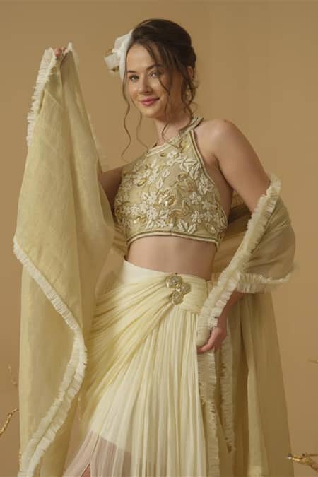 Abstract By Megha Jain Madaan Gold Georgette, Tissue, Tulle Ruffles Frilled Bordered Dupatta 