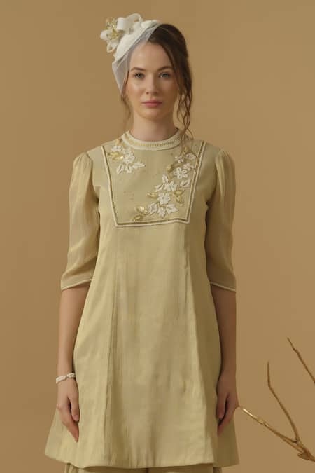 Abstract By Megha Jain Madaan Gold Georgette, Tissue Embroidery, Sequins, Beads Mandarin Collar Yoke Kurta 