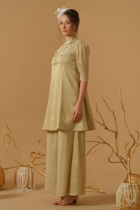 Abstract By Megha Jain Madaan_Gold Georgette, Tissue Embroidery, Sequins, Beads Mandarin Collar Yoke Kurta _Online_at_Aza_Fashions