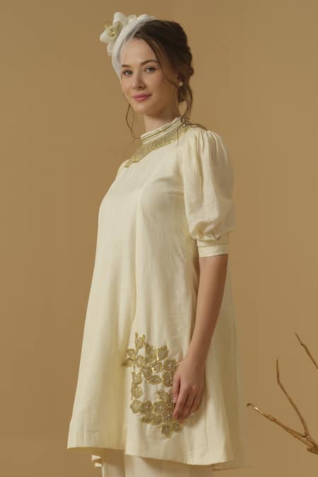 Abstract By Megha Jain Madaan_Ivory Georgette, Tissue Applique, Sequins, Beads Mandarin Floral Pattern Tunic _Online_at_Aza_Fashions