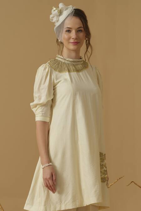 Buy_Abstract By Megha Jain Madaan_Ivory Georgette, Tissue Applique, Sequins, Beads Mandarin Floral Pattern Tunic _Online_at_Aza_Fashions