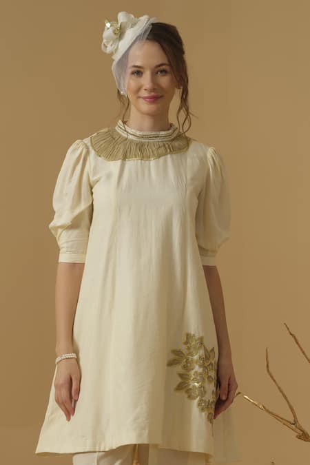 Abstract By Megha Jain Madaan Ivory Georgette, Tissue Applique, Sequins, Beads Mandarin Floral Pattern Tunic 