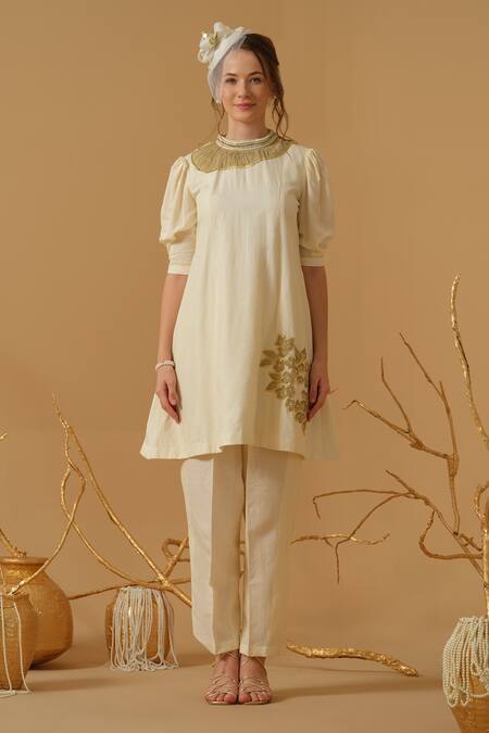 Shop_Abstract By Megha Jain Madaan_Ivory Georgette, Tissue Applique, Sequins, Beads Mandarin Floral Pattern Tunic _Online_at_Aza_Fashions