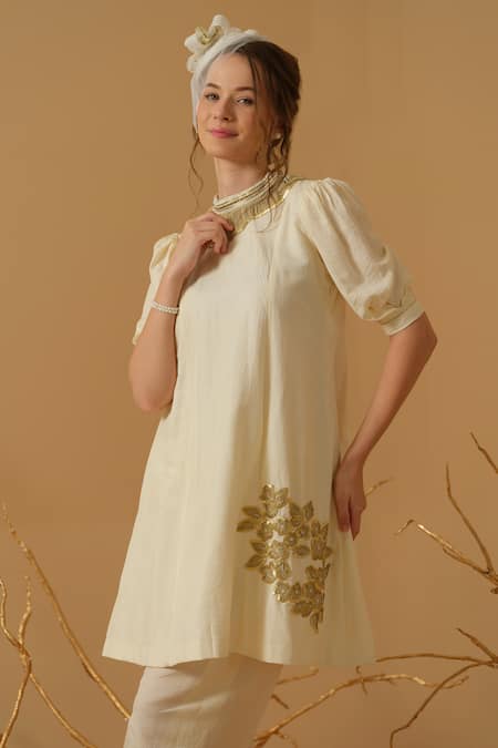 Abstract By Megha Jain Madaan_Ivory Georgette, Tissue Applique, Sequins, Beads Mandarin Floral Pattern Tunic _at_Aza_Fashions