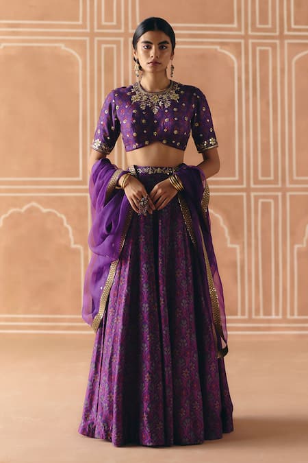 Drishti & Zahabia Purple Dupion, Silk, Organza Embroidery, Zari, Cross Stitch Print Lehenga Set 