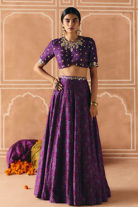Drishti & Zahabia_Purple Dupion, Silk, Organza Embroidery, Zari, Cross Stitch Print Lehenga Set _Online_at_Aza_Fashions