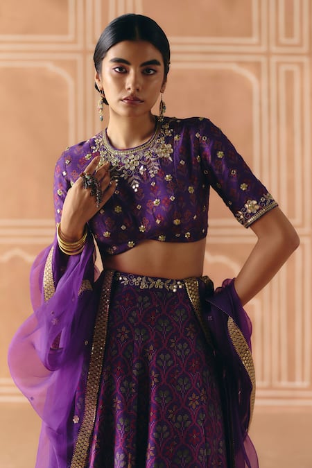 Buy_Drishti & Zahabia_Purple Dupion, Silk, Organza Embroidery, Zari, Cross Stitch Print Lehenga Set _Online_at_Aza_Fashions