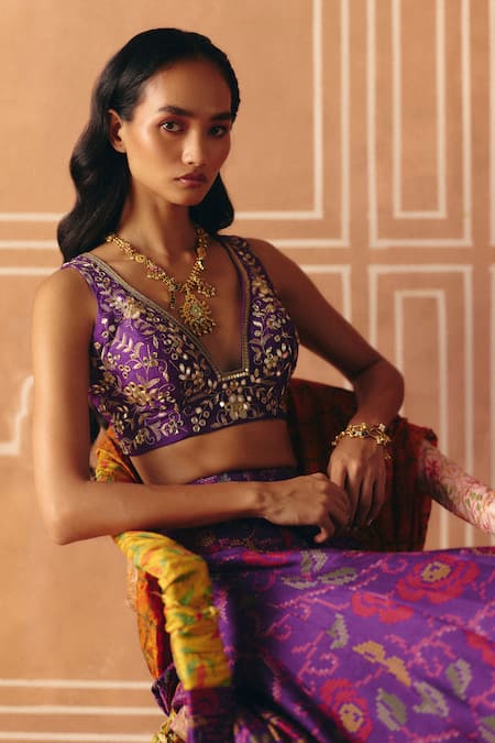 Drishti & Zahabia_Purple Dupion, Silk Embroidery, Zari, Sequins, Cross Stitch Print Pant Set _Online_at_Aza_Fashions