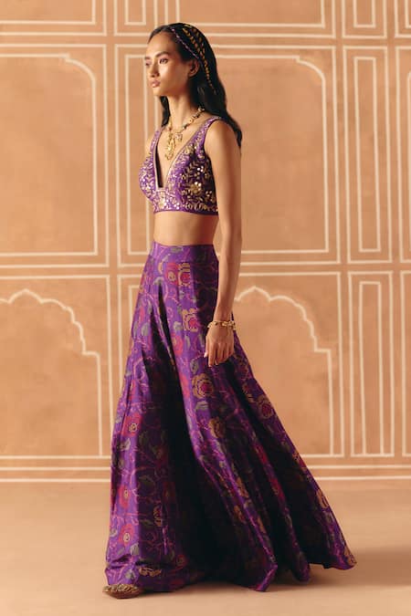 Buy_Drishti & Zahabia_Purple Dupion, Silk Embroidery, Zari, Sequins, Cross Stitch Print Pant Set _Online_at_Aza_Fashions