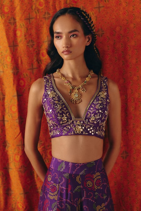 Shop_Drishti & Zahabia_Purple Dupion, Silk Embroidery, Zari, Sequins, Cross Stitch Print Pant Set _Online_at_Aza_Fashions