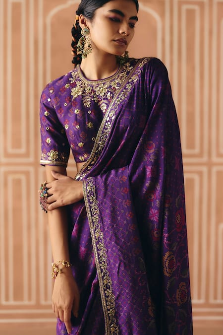 Drishti & Zahabia_Purple Dupion, Silk Embroidery, Zari, Cross Stitch Print Saree With Blouse _Online_at_Aza_Fashions