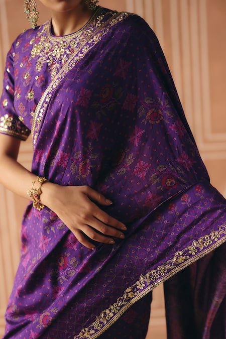 Buy_Drishti & Zahabia_Purple Dupion, Silk Embroidery, Zari, Cross Stitch Print Saree With Blouse _Online_at_Aza_Fashions