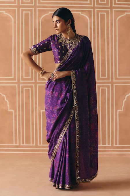 Drishti & Zahabia Purple Dupion, Silk Embroidery, Zari, Cross Stitch Print Saree With Blouse 