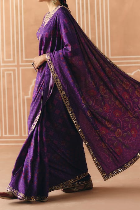 Shop_Drishti & Zahabia_Purple Dupion, Silk Embroidery, Zari, Cross Stitch Print Saree With Blouse _Online_at_Aza_Fashions