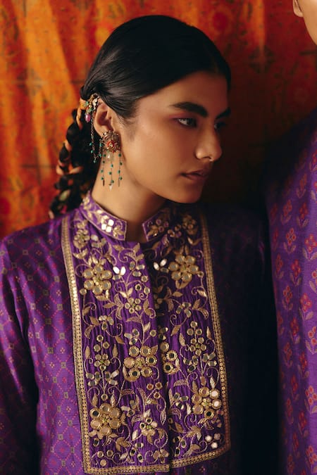 Drishti & Zahabia_Purple Dupion, Silk Embroidery, Sequins, Mirrors, Cross Stitch Print Kurta Set _Online_at_Aza_Fashions