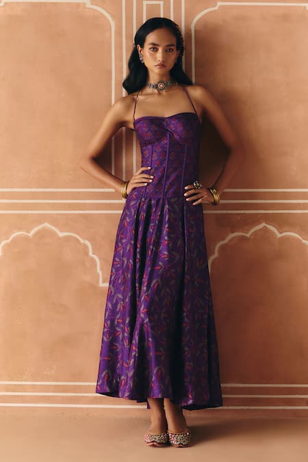 Drishti & Zahabia_Purple Dupion, Silk Embroidery, Zari, Cross Stitch Print Skirt With Corset Top _Online_at_Aza_Fashions