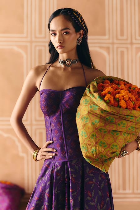 Shop_Drishti & Zahabia_Purple Dupion, Silk Embroidery, Zari, Cross Stitch Print Skirt With Corset Top _Online_at_Aza_Fashions