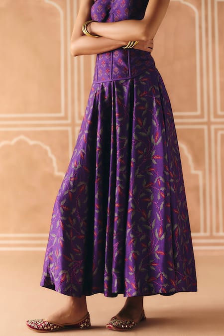 Drishti & Zahabia_Purple Dupion, Silk Embroidery, Zari, Cross Stitch Print Skirt With Corset Top _at_Aza_Fashions