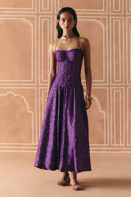 Buy_Drishti & Zahabia_Purple Dupion, Silk Embroidery, Zari, Cross Stitch Print Skirt With Corset Top 