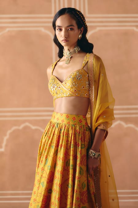 Drishti & Zahabia_Yellow Dupion, Silk, Organza Embroidery, Cross Stitch Print Gathered Lehenga Set _Online_at_Aza_Fashions