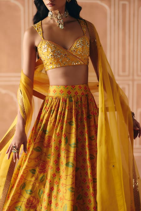 Buy_Drishti & Zahabia_Yellow Dupion, Silk, Organza Embroidery, Cross Stitch Print Gathered Lehenga Set _Online_at_Aza_Fashions